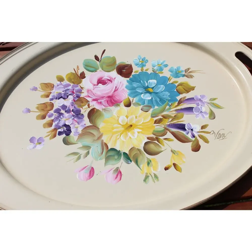 Nashco Tole Painted Metal Tray Vintage Hand Painted Floral Toleware Beige